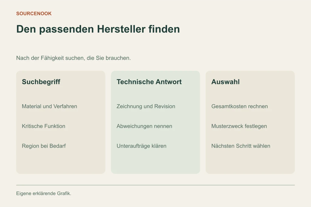 Den passenden Hersteller finden. Suchbegriff: Material und Verfahren: Kritische Funktion: Region bei Bedarf. Technische Antwort: Zeichnung und Revision: Abweichungen nennen: Unteraufträge klären. Auswahl: Gesamtkosten rechnen: Musterzweck festlegen: Nächsten Schritt wählen