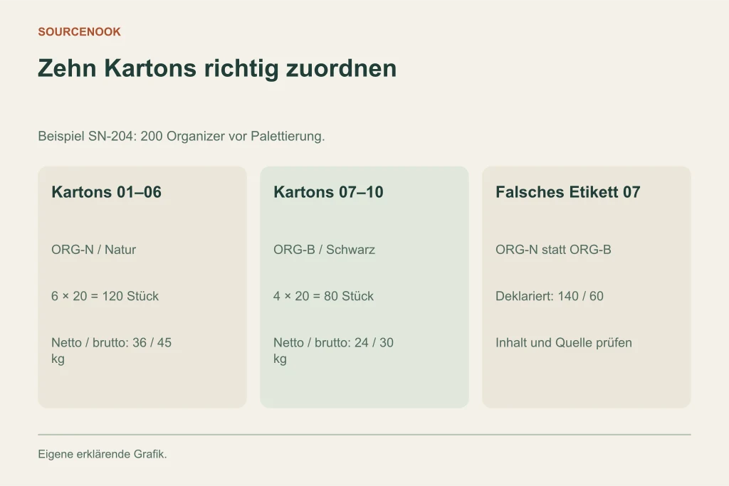 Zehn Kartons richtig zuordnen. Kartons 01–06: ORG-N / Natur: 6 × 20 = 120 Stück: Netto / brutto: 36 / 45 kg. Kartons 07–10: ORG-B / Schwarz: 4 × 20 = 80 Stück: Netto / brutto: 24 / 30 kg. Falsches Etikett 07: ORG-N statt ORG-B: Deklariert: 140 / 60: Inhalt und Quelle prüfen