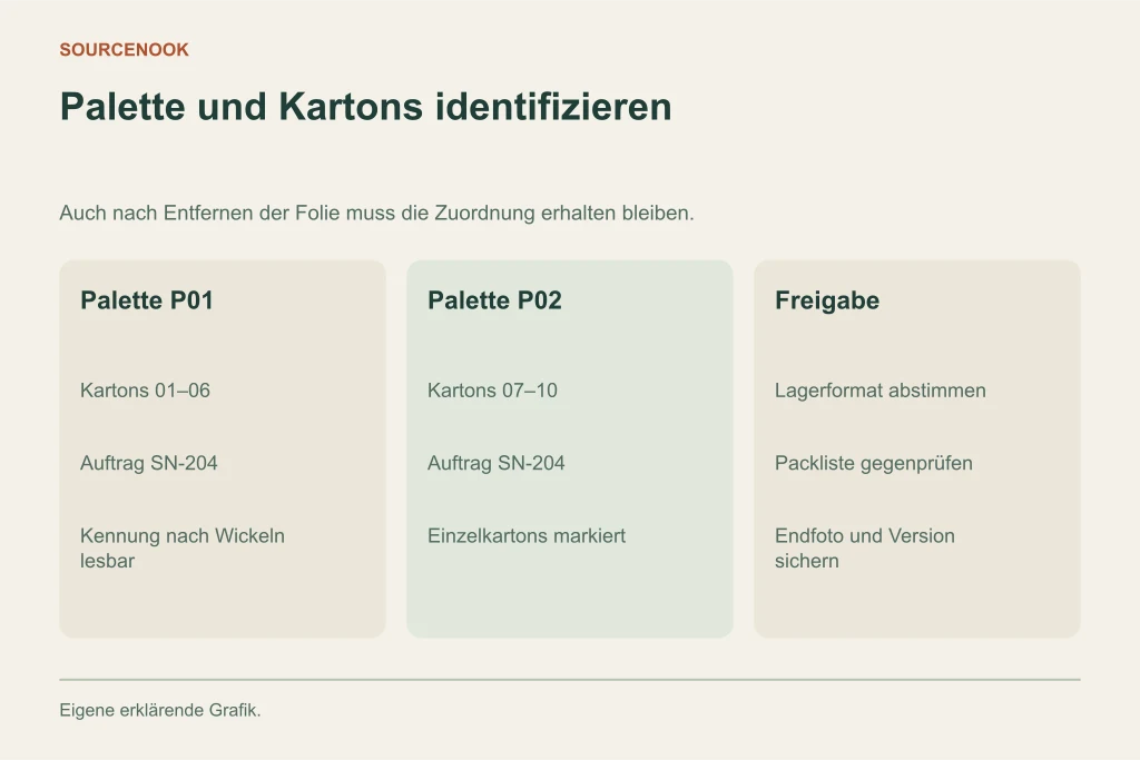 Palette und Kartons identifizieren. Palette P01: Kartons 01–06: Auftrag SN-204: Kennung nach Wickeln lesbar. Palette P02: Kartons 07–10: Auftrag SN-204: Einzelkartons markiert. Freigabe: Lagerformat abstimmen: Packliste gegenprüfen: Endfoto und Version sichern