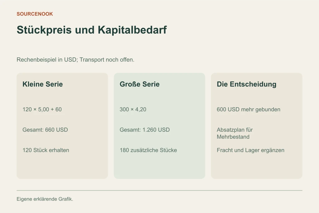 Stückpreis und Kapitalbedarf. Kleine Serie: 120 × 5,00 + 60: Gesamt: 660 USD: 120 Stück erhalten. Große Serie: 300 × 4,20: Gesamt: 1.260 USD: 180 zusätzliche Stücke. Die Entscheidung: 600 USD mehr gebunden: Absatzplan für Mehrbestand: Fracht und Lager ergänzen