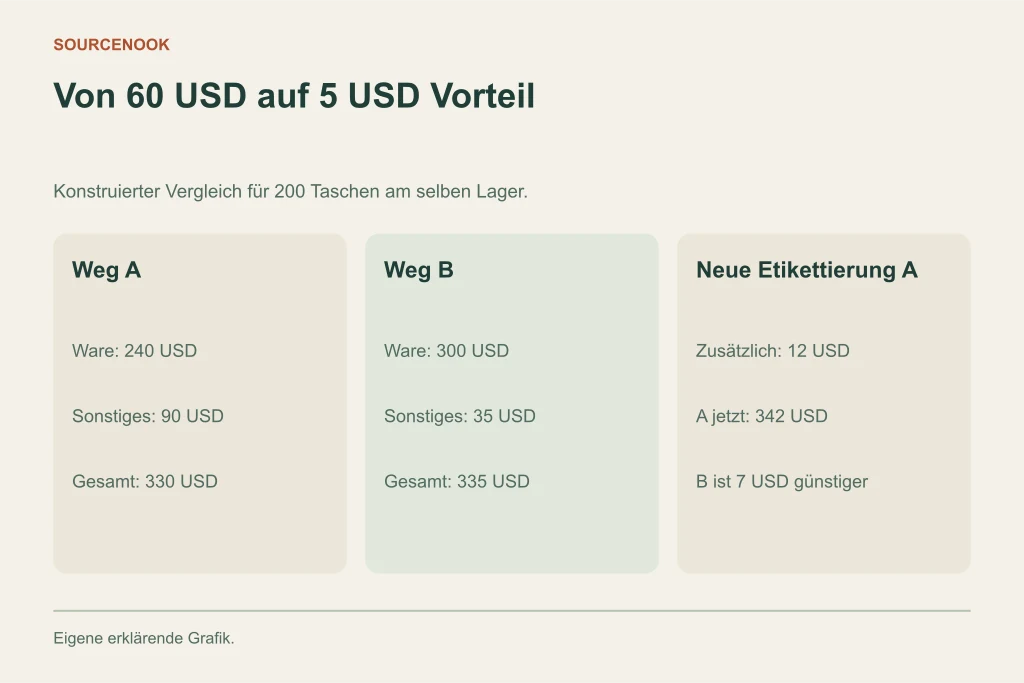 Von 60 USD auf 5 USD Vorteil. Weg A: Ware: 240 USD: Sonstiges: 90 USD: Gesamt: 330 USD. Weg B: Ware: 300 USD: Sonstiges: 35 USD: Gesamt: 335 USD. Neue Etikettierung A: Zusätzlich: 12 USD: A jetzt: 342 USD: B ist 7 USD günstiger