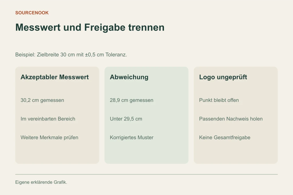 Messwert und Freigabe trennen. Akzeptabler Messwert: 30,2 cm gemessen: Im vereinbarten Bereich: Weitere Merkmale prüfen. Abweichung: 28,9 cm gemessen: Unter 29,5 cm: Korrigiertes Muster. Logo ungeprüft: Punkt bleibt offen: Passenden Nachweis holen: Keine Gesamtfreigabe
