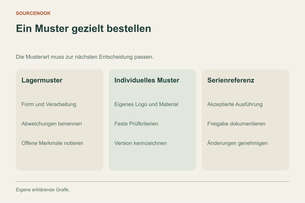 Ein Muster gezielt bestellen. Lagermuster: Form und Verarbeitung: Abweichungen benennen: Offene Merkmale notieren. Individuelles Muster: Eigenes Logo und Material: Feste Prüfkriterien: Version kennzeichnen. Serienreferenz: Akzeptierte Ausführung: Freigabe dokumentieren: Änderungen genehmigen