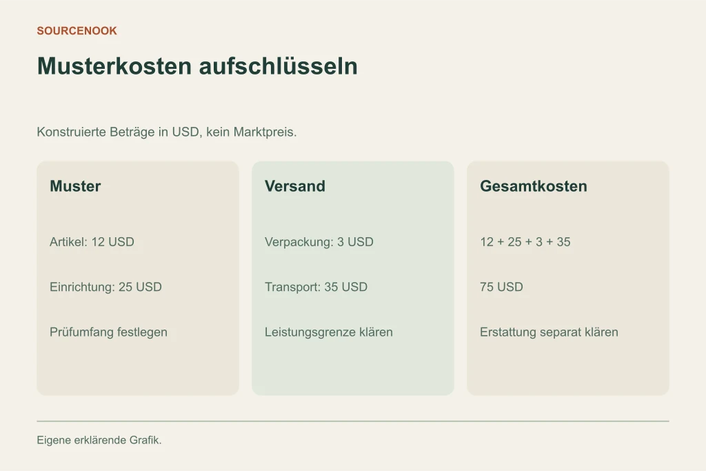 Musterkosten aufschlüsseln. Muster: Artikel: 12 USD: Einrichtung: 25 USD: Prüfumfang festlegen. Versand: Verpackung: 3 USD: Transport: 35 USD: Leistungsgrenze klären. Gesamtkosten: 12 + 25 + 3 + 35: 75 USD: Erstattung separat klären