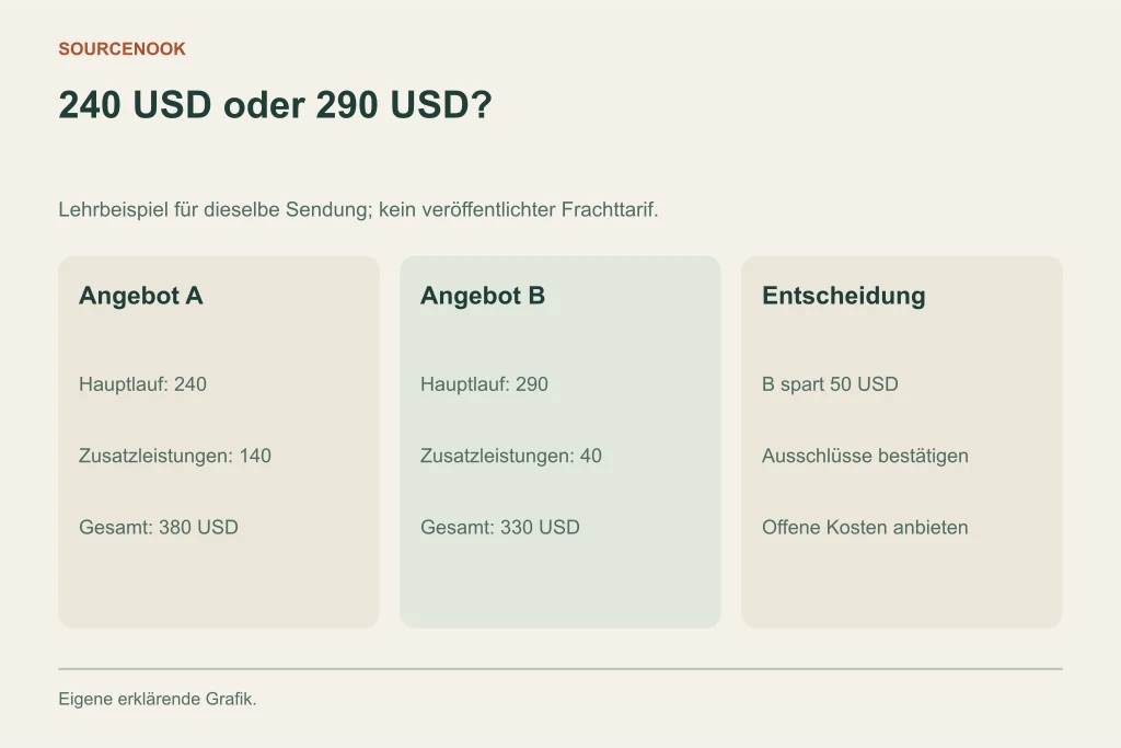 240 USD oder 290 USD?. Angebot A: Hauptlauf: 240: Zusatzleistungen: 140: Gesamt: 380 USD. Angebot B: Hauptlauf: 290: Zusatzleistungen: 40: Gesamt: 330 USD. Entscheidung: B spart 50 USD: Ausschlüsse bestätigen: Offene Kosten anbieten