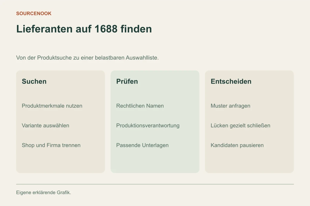 Lieferanten auf 1688 finden. Suchen: Produktmerkmale nutzen: Variante auswählen: Shop und Firma trennen. Prüfen: Rechtlichen Namen: Produktionsverantwortung: Passende Unterlagen. Entscheiden: Muster anfragen: Lücken gezielt schließen: Kandidaten pausieren