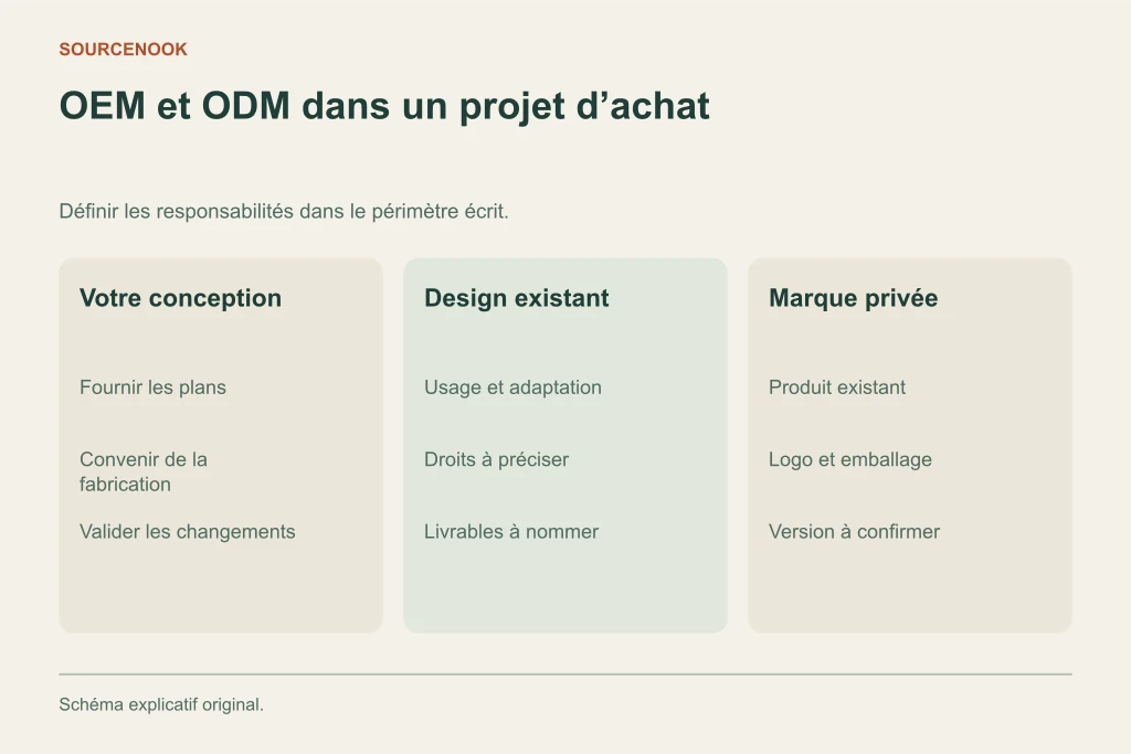 OEM et ODM dans un projet d’achat. Votre conception: Fournir les plans: Convenir de la fabrication: Valider les changements. Design existant: Usage et adaptation: Droits à préciser: Livrables à nommer. Marque privée: Produit existant: Logo et emballage: Version à confirmer