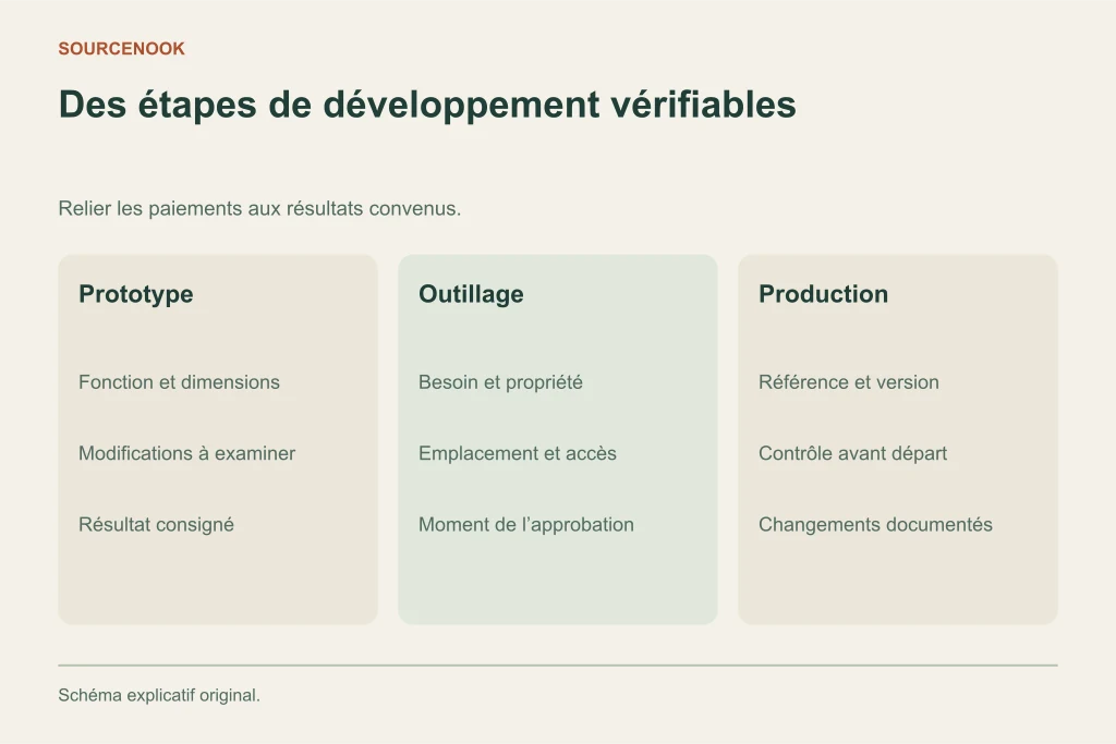 Des étapes de développement vérifiables. Prototype: Fonction et dimensions: Modifications à examiner: Résultat consigné. Outillage: Besoin et propriété: Emplacement et accès: Moment de l’approbation. Production: Référence et version: Contrôle avant départ: Changements documentés