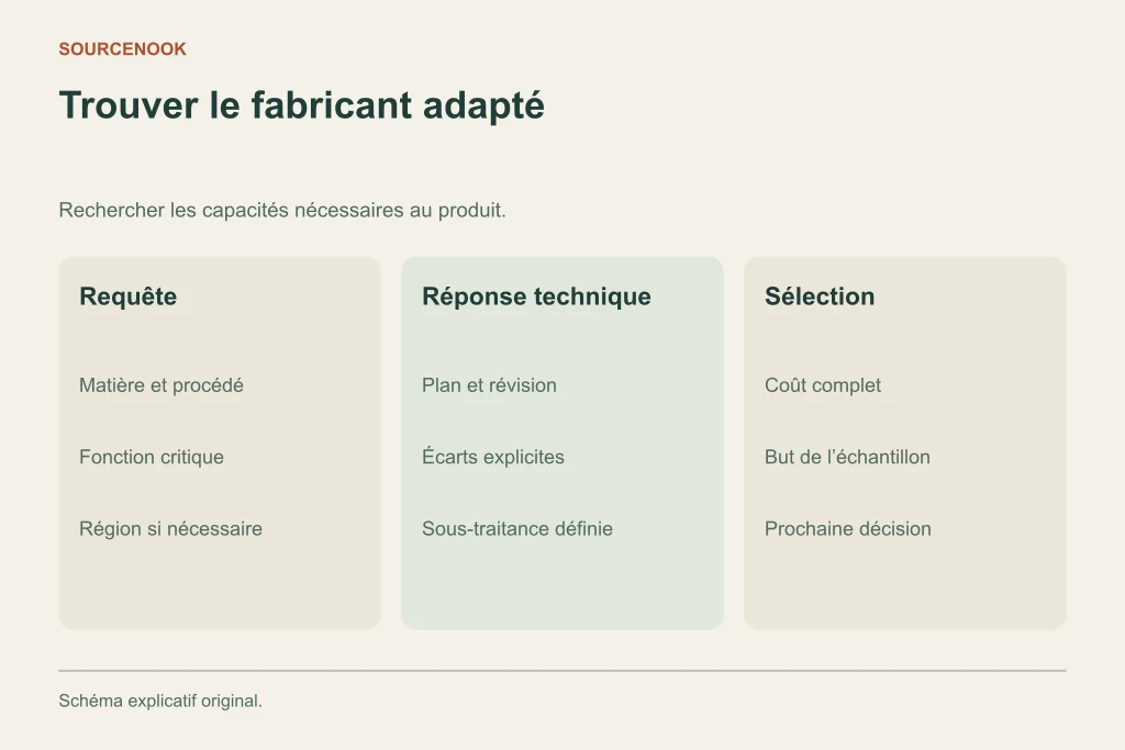 Trouver le fabricant adapté. Requête: Matière et procédé: Fonction critique: Région si nécessaire. Réponse technique: Plan et révision: Écarts explicites: Sous-traitance définie. Sélection: Coût complet: But de l’échantillon: Prochaine décision