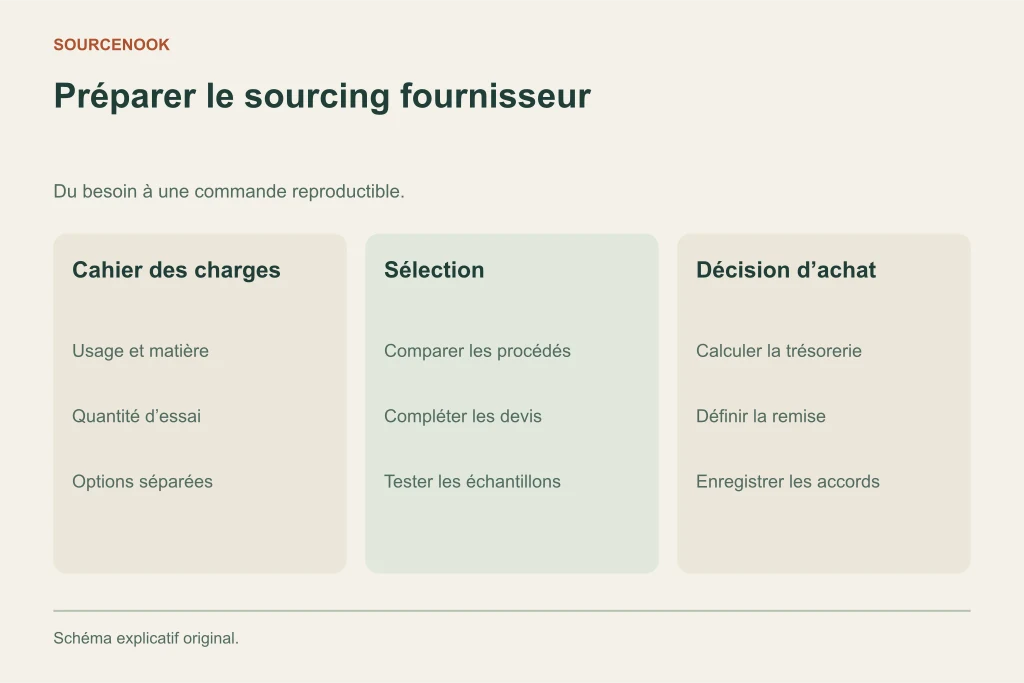 Préparer le sourcing fournisseur. Cahier des charges: Usage et matière: Quantité d’essai: Options séparées. Sélection: Comparer les procédés: Compléter les devis: Tester les échantillons. Décision d’achat: Calculer la trésorerie: Définir la remise: Enregistrer les accords