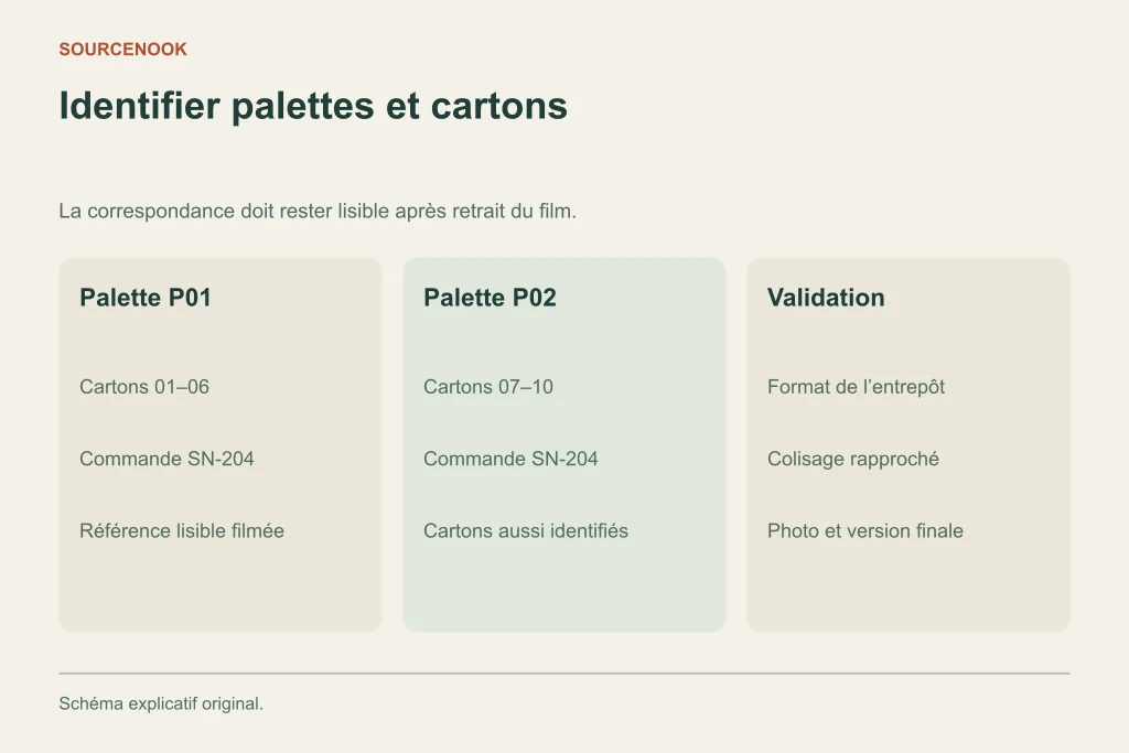 Identifier palettes et cartons. Palette P01: Cartons 01–06: Commande SN-204: Référence lisible filmée. Palette P02: Cartons 07–10: Commande SN-204: Cartons aussi identifiés. Validation: Format de l’entrepôt: Colisage rapproché: Photo et version finale