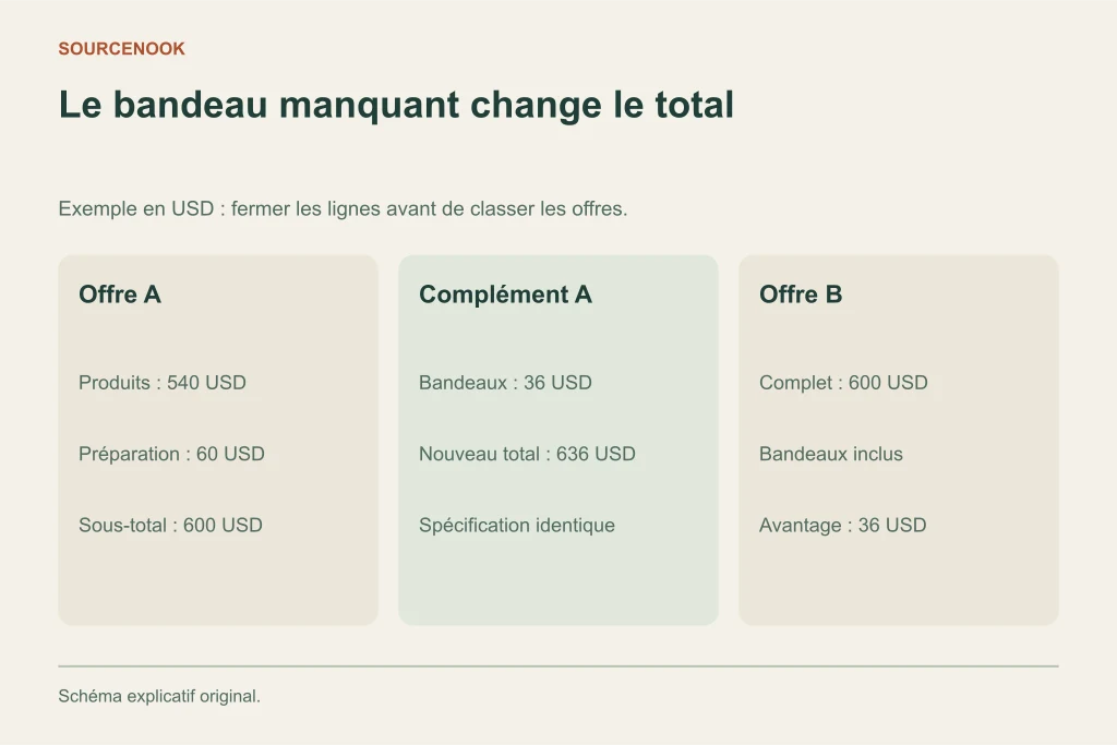 Le bandeau manquant change le total. Offre A: Produits : 540 USD: Préparation : 60 USD: Sous-total : 600 USD. Complément A: Bandeaux : 36 USD: Nouveau total : 636 USD: Spécification identique. Offre B: Complet : 600 USD: Bandeaux inclus: Avantage : 36 USD