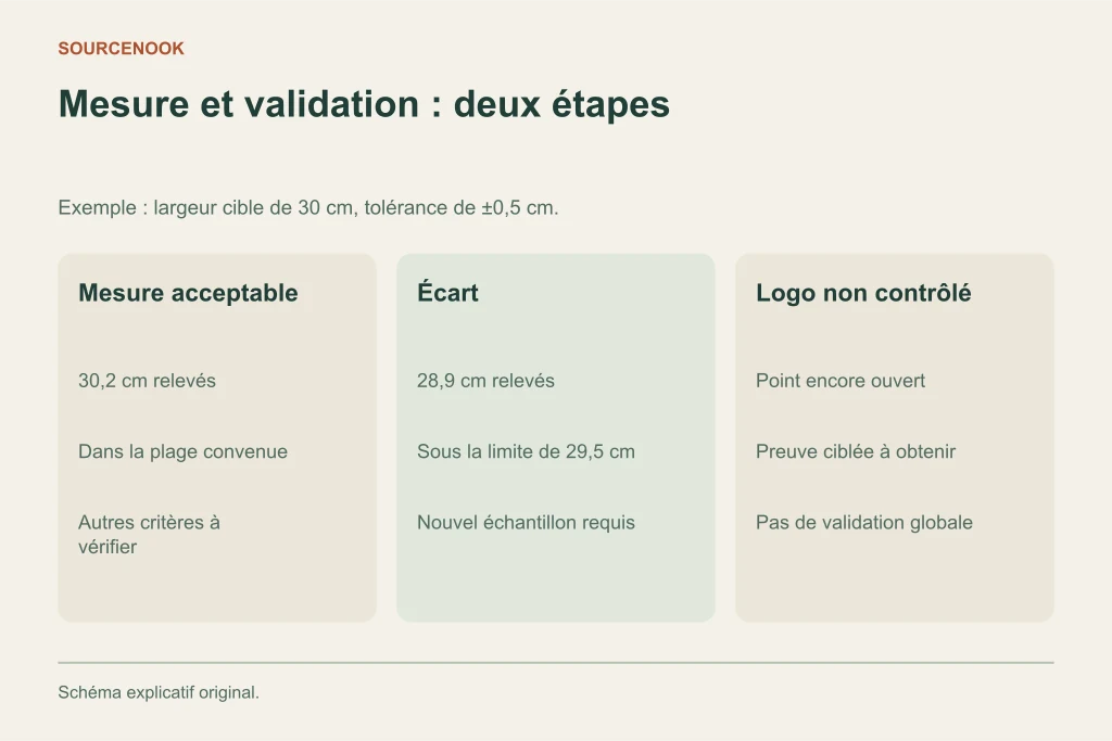Mesure et validation : deux étapes. Mesure acceptable: 30,2 cm relevés: Dans la plage convenue: Autres critères à vérifier. Écart: 28,9 cm relevés: Sous la limite de 29,5 cm: Nouvel échantillon requis. Logo non contrôlé: Point encore ouvert: Preuve ciblée à obtenir: Pas de validation globale