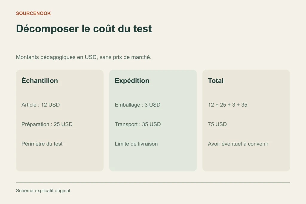 Décomposer le coût du test. Échantillon: Article : 12 USD: Préparation : 25 USD: Périmètre du test. Expédition: Emballage : 3 USD: Transport : 35 USD: Limite de livraison. Total: 12 + 25 + 3 + 35: 75 USD: Avoir éventuel à convenir