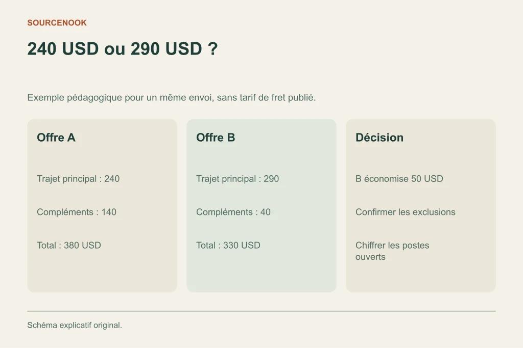 240 USD ou 290 USD ?. Offre A: Trajet principal : 240: Compléments : 140: Total : 380 USD. Offre B: Trajet principal : 290: Compléments : 40: Total : 330 USD. Décision: B économise 50 USD: Confirmer les exclusions: Chiffrer les postes ouverts
