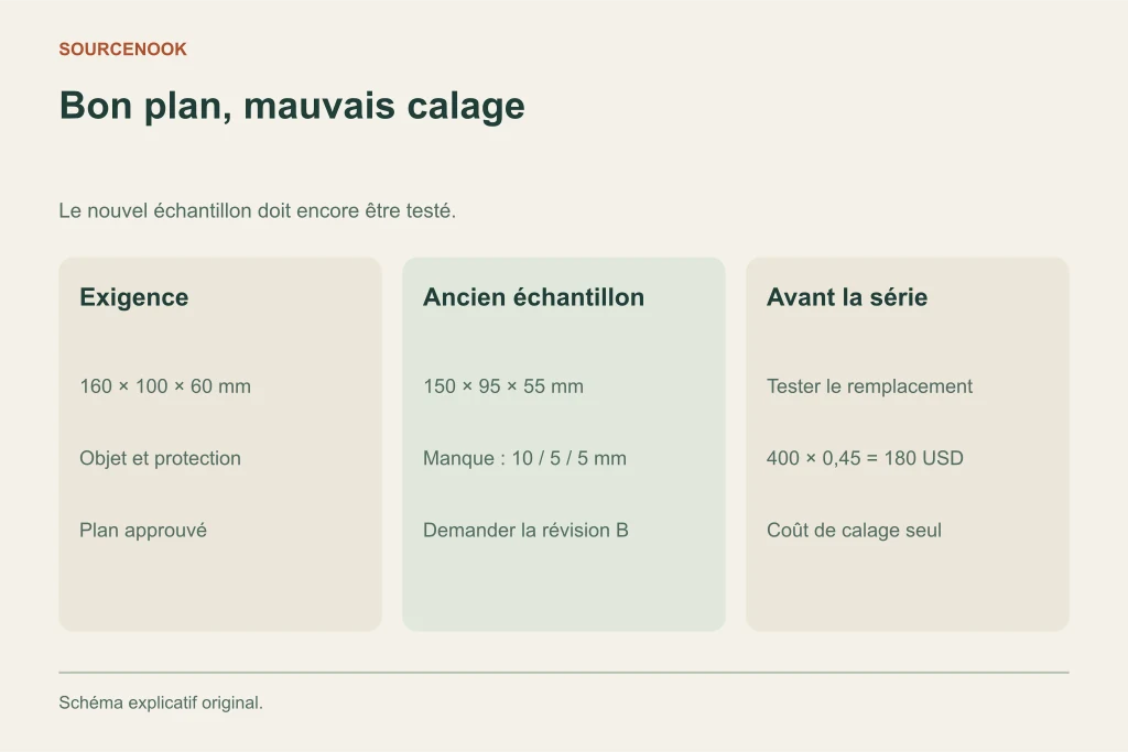 Bon plan, mauvais calage. Exigence: 160 × 100 × 60 mm: Objet et protection: Plan approuvé. Ancien échantillon: 150 × 95 × 55 mm: Manque : 10 / 5 / 5 mm: Demander la révision B. Avant la série: Tester le remplacement: 400 × 0,45 = 180 USD: Coût de calage seul