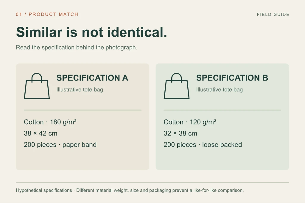 Matching tote bag pictures do not establish a product match: specification A and B have different fabric weights and dimensions.