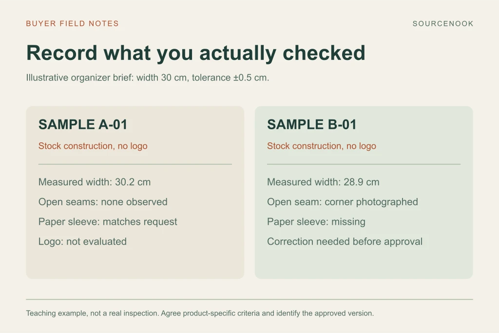 Invented sample observations: A measures 30.2 centimeters and B 28.9 centimeters against an example width of 30 plus or minus 0.5 centimeters. Neither sample evaluates the requested logo.