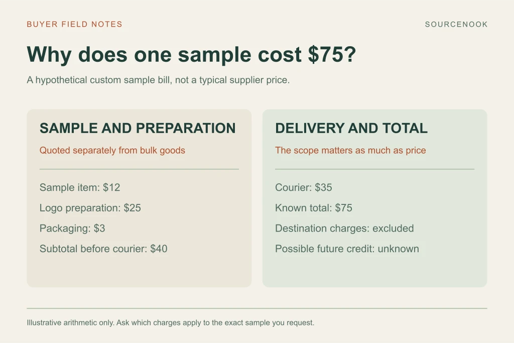 Hypothetical sample bill: 12 dollars for the item, 25 dollars logo preparation, 3 dollars packaging and 35 dollars courier total 75 dollars, excluding destination charges.