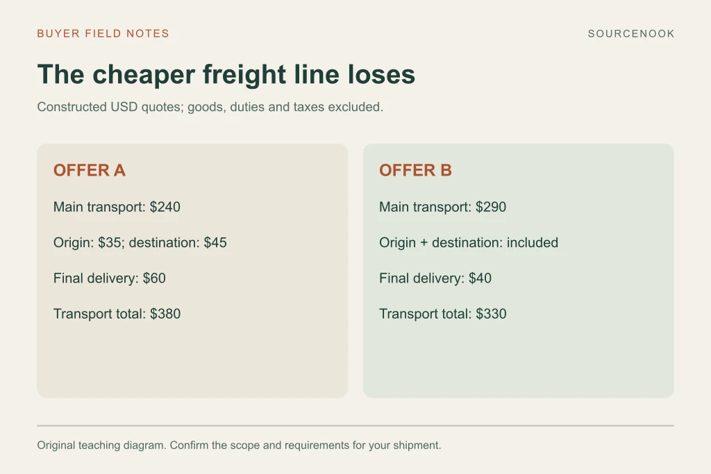 Example freight comparison: offer A totals 380 dollars; offer B totals 330 dollars for the same service scope.