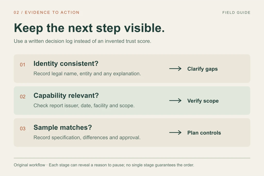 Move from identity checks to capability evidence to sample review, keeping unresolved issues visible at each stage.