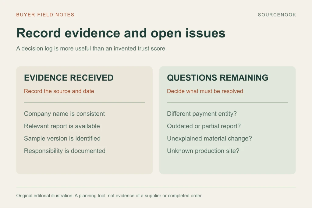 Maintain a supplier decision log with evidence received and unresolved issues; this is an illustrative checklist, not an audit result.